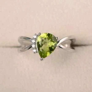 2.50 Ct Pear Cut Real Natural Peridot Diamond Anniversary Ring 14K White Gold - Picture 1 of 6