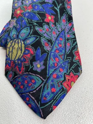 Perry Ellis Black, Pink, Purple Flower Pattern Handmade Designer 100% Silk Tie - Image 1 of 4