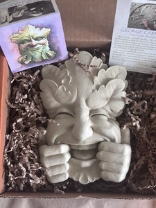 Vintage George Carruth Cement Garden Leaves Smile Face Plaque Tongue Out NIB - Picture 1 of 9