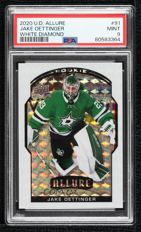 2020 Upper Deck Allure White Diamond /50 Jake Oettinger #91 PSA 9 MINT Rookie RC - Image 1 of 2