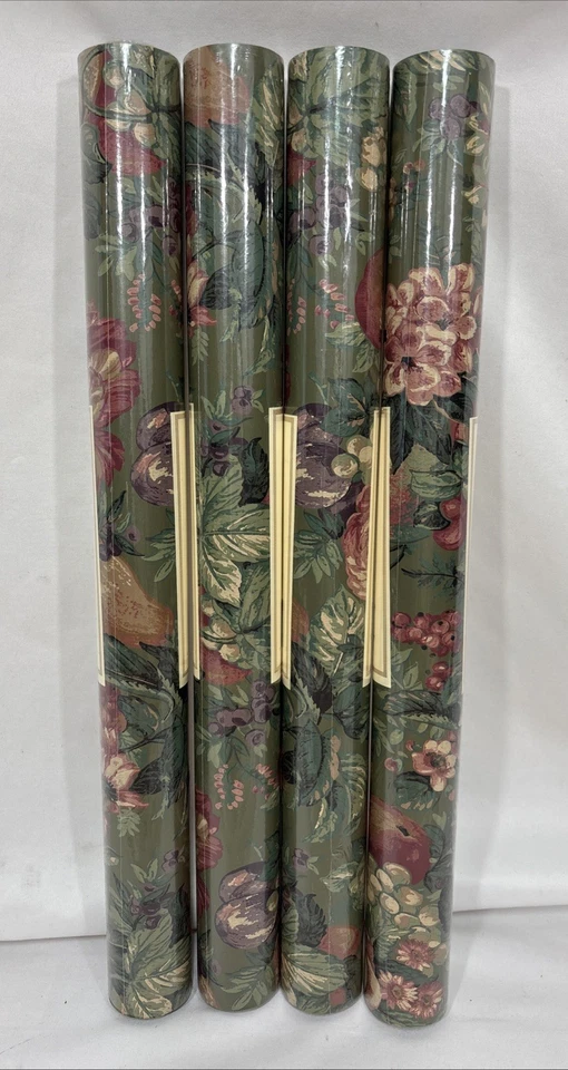 4 revestimentos de parede vintage NOS York papel de parede floral frutas rolos duplos GG5200 - Imagem 1 de 4