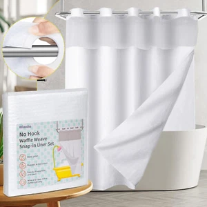 No Hook Waffle Weave Shower Curtain w/Snap in Liner 71" x 74" Hotel Grade White - Picture 1 of 8