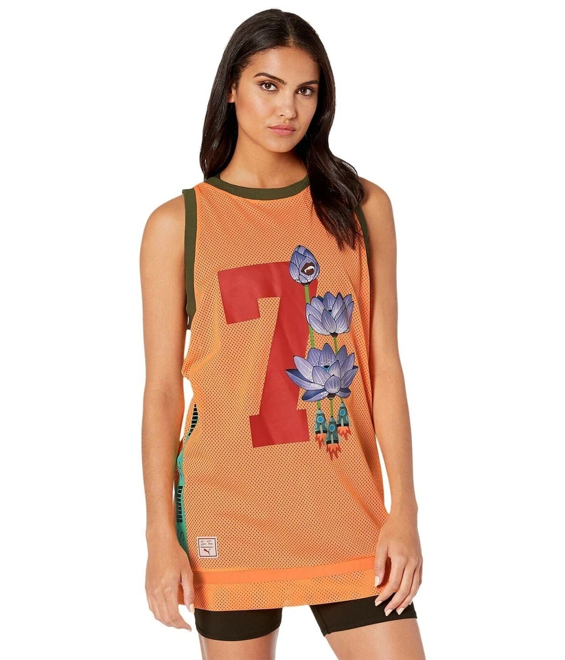 Puma X Sue Tsai Women's Orange Jewel Neck Sleeveless Mesh Mini Dress Size S