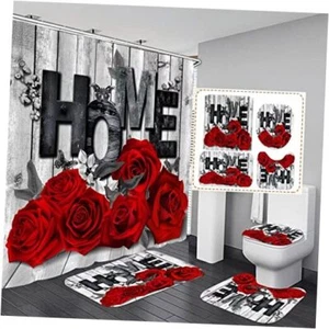 Red Rose 4 Pcs Shower Curtain Sets Non-Slip Rugs Bath Mat Rose Decoration 07 - Picture 1 of 8