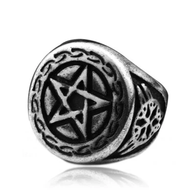 Vintage Circle Pentagram Signet Ring Stainless Steel Men's Retro Star Lucky Ring - Image 1 of 4
