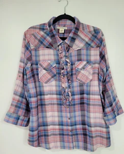 Ruff Hewn Women's Pink Blue Plaid Ruffle 3/4 Sleeve Shirt XL - Picture 1 of 17