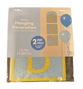 Baby Boy Shower Hanging Sign Blue Gold Glitter Party Decorations Gender Reveal - Picture 1 of 7