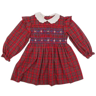 Vestido de férias vintage Happy Kids Girls 5 xadrez vermelho xadrez tartan colarinho branco - Imagem 1 de 4