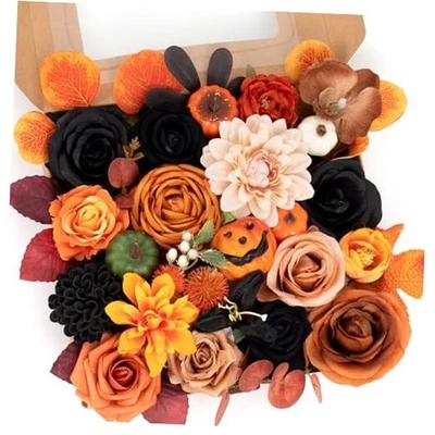 Decoración Halloween Flores Artificiales Rosas Negras con Calabazas, Juego de Caja Falso  Foto 1 de 4