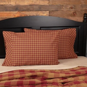 Burgundy Check Standard Pillow Case Set of 2 21x30 Primitive Bedroom VHC Brands - Picture 1 of 7