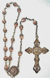 SELTEN ALT wunderschön verziertes großes Sterlingsilber Kreuz & rosa Glas Rosenkranz Perlen - Bild 1 von 12