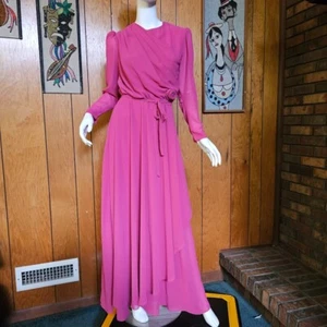Vtg 80s DISCO Queen Studio 54 Dusty Rose Sheer Chiffon Puff Maxi Dress Gown M - Picture 1 of 9