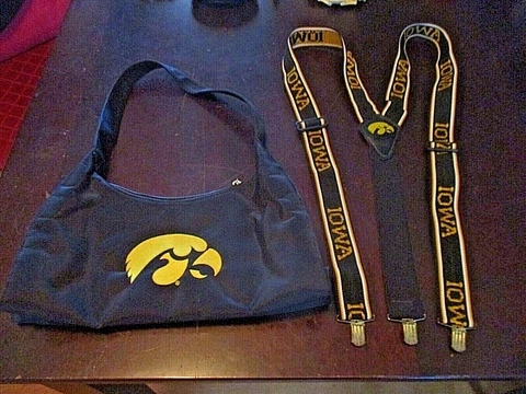 NCAA  IOWA HAWKEYES CARRY PURSE 3-ZIPPER STORAGE & IOWA SUSPENDERS,1 sz. fit,SET Cover