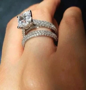 5Ct Cushion Cut VVS1 Moissanite 18k Gold Plated 925 Engagement Ring Set 6 7 8 - Picture 1 of 4