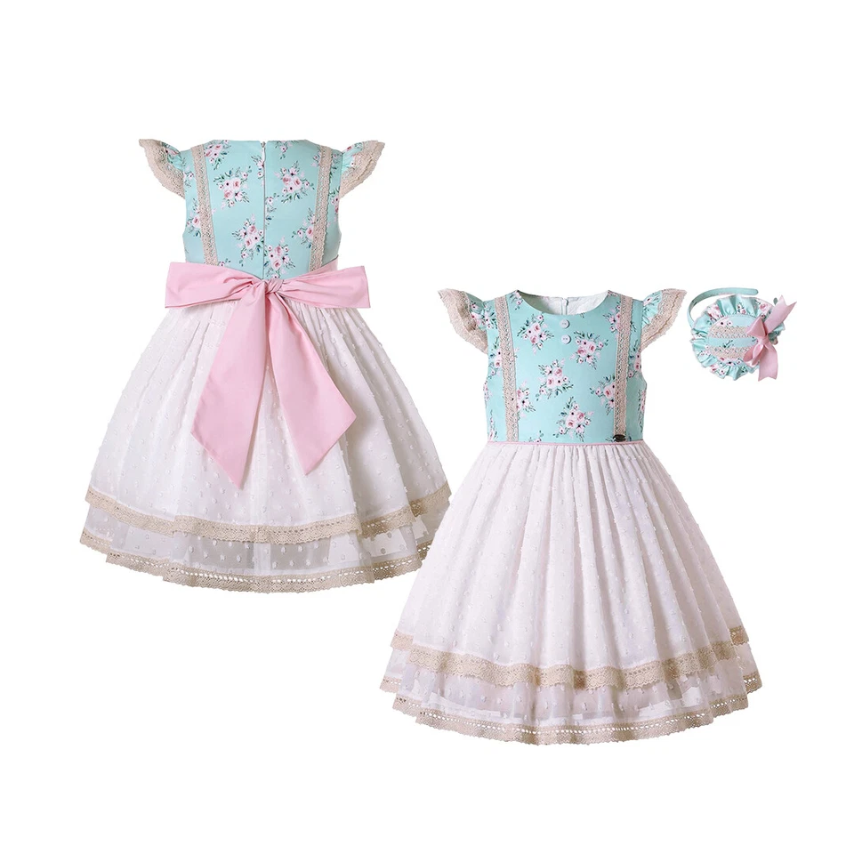 Girls Princess Dress Size 2-8 10 12 Summer Floral Dress Bow Decor w/ Headband - Изображение 1 из 4