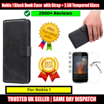 Nokia 1 Black Book Case Flip with Strap + 2.5D Tempered Glass Protector - Image 1 of 4