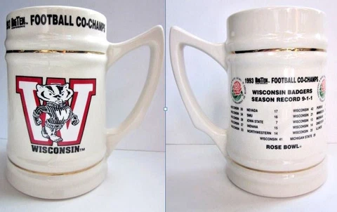NWT Wisconsin Badgers 1993 Big Ten Football Co Champs Stein Rose Bowl Schedule Cover
