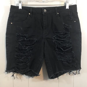 Empyre Kali Black Destroyed Stretchy Mid Rise 5 Pocket Raw Hem Jean Shorts 7 - Picture 1 of 11