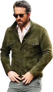 Men's Vintage Classic Ryan Green Trucker Suede Leather Motorcycle Leather Jacket - Picture 1 of 5