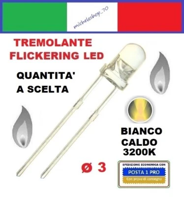 diodo led tremolante diametro 3 lente trasparente, bianco caldo effetto candela - Immagine 1 di 2