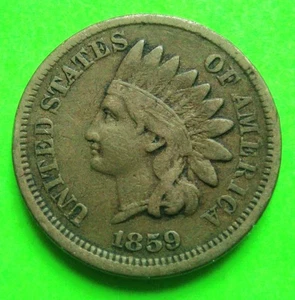 1859 INDIAN HEAD PENNY Scarce Date Indian 1-Cent Coin ABOUT VERY GOOD+ OR SO - Imagen 1 de 2