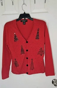 Vintage Hampshire Studio Red Cardigan Beaded Christmas Holiday Party Sz Petite M - Picture 1 of 6