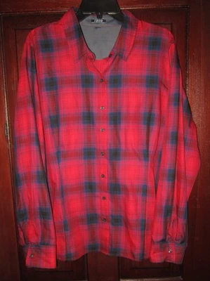 IZOD Plus Size 1X Button Shirt Blouse Top Plaid Red Cotton Poly Long Sleeve - Image 1 of 3
