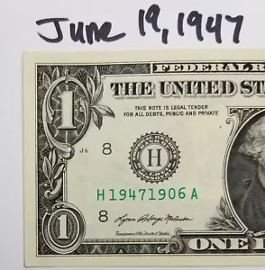 Birthday Note June 19, 1947 Dollar Bill Fancy Serial Number 2021 H Uncirculated - Picture 1 of 6