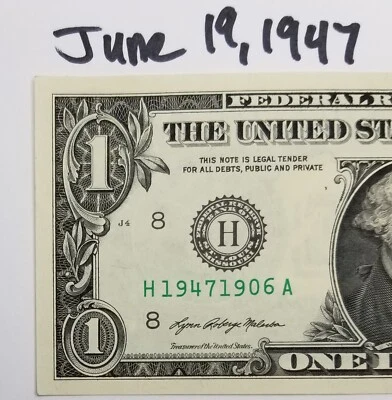 Birthday Note June 19, 1947 Dollar Bill Fancy Serial Number 2021 H Uncirculated - Image 1 of 4