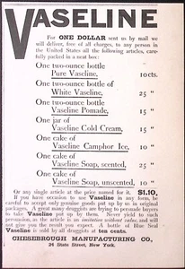 1891 Vaseline verkauft von allen Drogisten Cheeseboro Herstellung Druckanzeige 5 x 7,5" - Bild 1 von 2