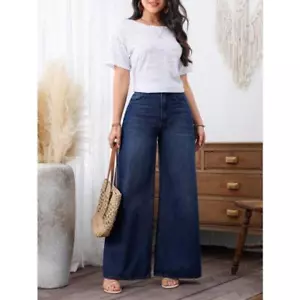 New Straight Jeans Women Autumn Blue Casual Loose Wide Leg Jeans Trousers - Picture 1 of 5