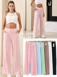 NUEVOS PANTALONES DE CHÁNDAL PANTALONES ACAMPANADOS DE PIERNA ANCHA COSTURA PIN TUCK PARA DAMAS Y MUJERES - Imagen 1 de 1