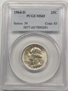 1964-D WASHINGTON 90% SILVER QUARTER PCGS MS 65 TONED - Picture 1 of 4