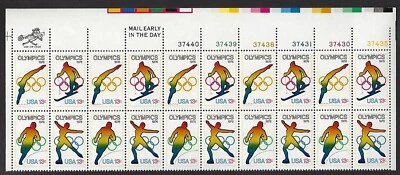 1695-98 MNH Plate Block of 20, 13-cent stamps - Olympic Games at Lake Placid, NY - Image 1 of 2