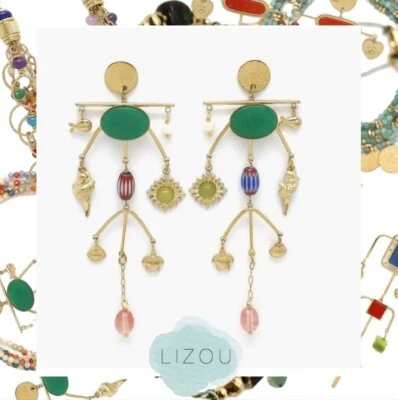 Мобильные висячие серьги с агатом и жемчугом миллефиори в музейном стиле Lizou - Изображение 1 из 4