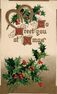 no 21 Gold Metallic Horse Shoes and Holly Branches Merry christmas Postcard - Picture 1 of 2