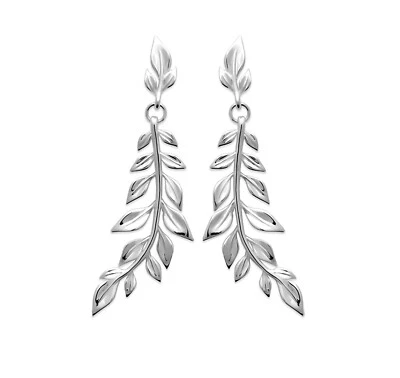 Orecchini Pendenti In Argento 925/000 Rodio - Rametto E Foglie - - Immagine 1 di 4