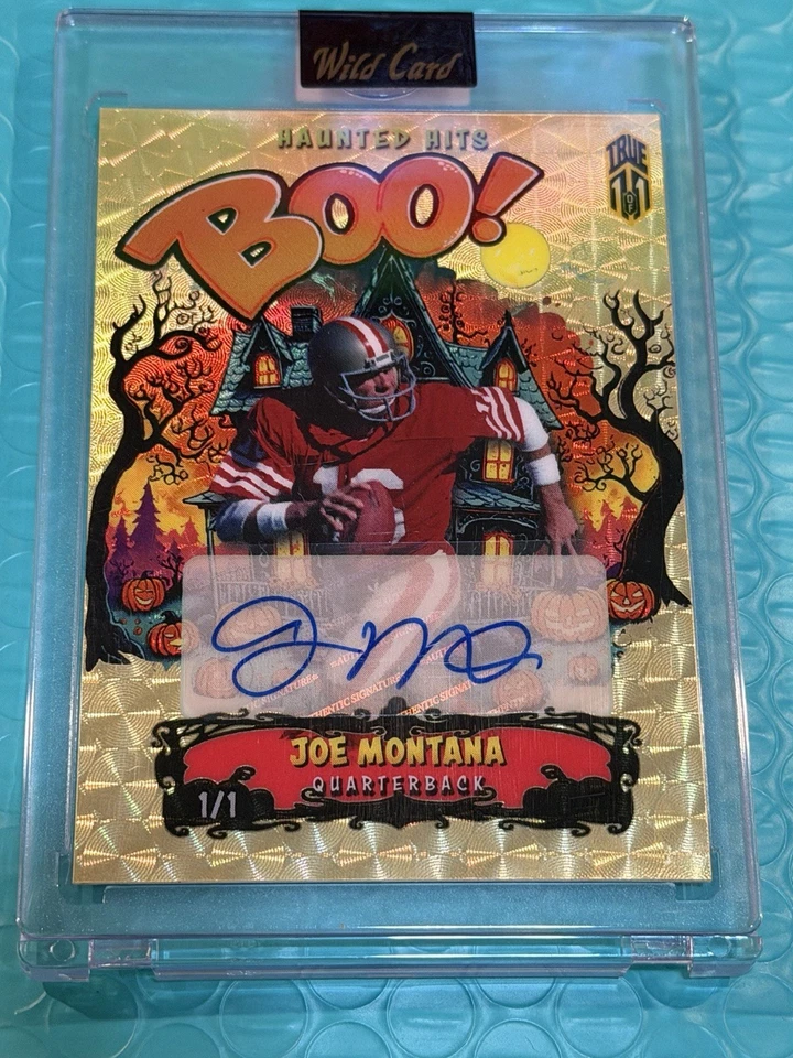 Wild Card Haunted Hits 2025 autografiado Joe Montana verdadero 1/1 lámina de oro BOO Foto 1 de 3