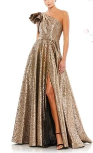 Mac Duggal Gown Dress Womens Size 0 Gold One Shoulder Metallic Pocket 67297 - Picture 1 of 3