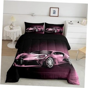  Sports Comforter Set Race Car Theme Bedding 3Pcs Luxury Car Decor Full Pink - Picture 1 of 7