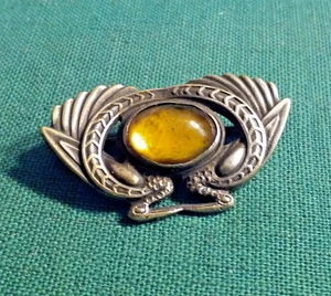 Antique Art Deco Design Silver-Tone Jewelry BROOCH PIN w/ Light Amber Stone - Picture 1 of 3