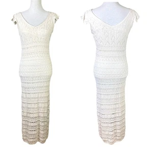Freshman 1996 XL White Crochet Overlay Ruffle Cap Sleeves Fitted Maxi Dress - Picture 1 of 9