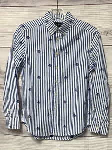 Youth Boys Size Medium Ralph Lauren LS Blue Stripe Skull and Bones Cotton Shirt - Picture 1 of 19