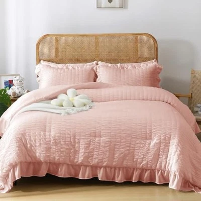  Conjunto de edredom rosa Seersucker queen, 3 peças conjunto de edredom cama em uma bolsa,  - Imagem 1 de 4