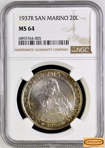 1937-R San Marino Silver 20 Lire, NGC MS64, Mintage of 5,100 coins-#B36274 - Picture 1 of 2
