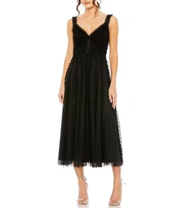 Mac Duggal Black V-Neck Tiered Ruffled A-Line Midi Dress Size 12 $398 - Picture 1 of 3