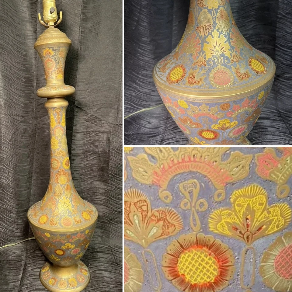 Antigua lámpara turca de latón esmaltado de los años 30 flores florales colorida rara Foto 1 de 4