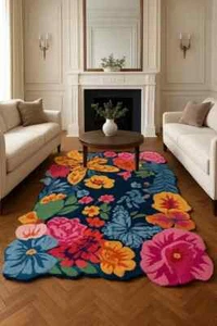 Vibrant Garden Bloom Hand-Tufted Rug Artistic Floral Shaped Premium New Zealand - Picture 1 of 4