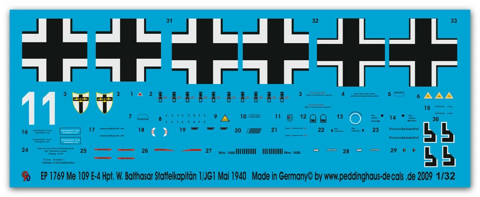 Peddinghaus-Decals 1/32 1769 Me 109E-4 Hpt. Wilhelm Baldassarre - Immagine 1 di 1