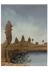 Cambodia Temple Ruins of Angkor Wat, Large Lacquer Painting, 20th Century - Picture 1 of 1
